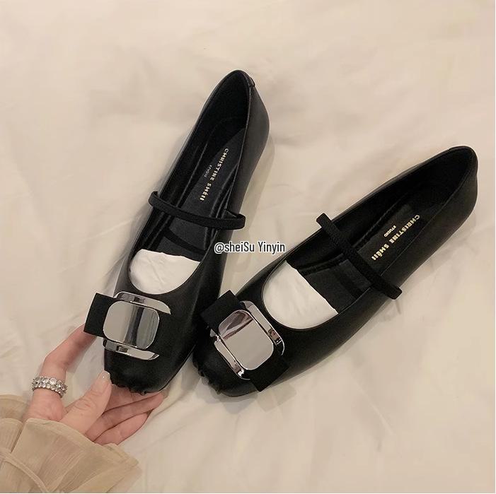 Весна 2025 Кожаные балетки Мэри Джейн с бантом и квадратным носком