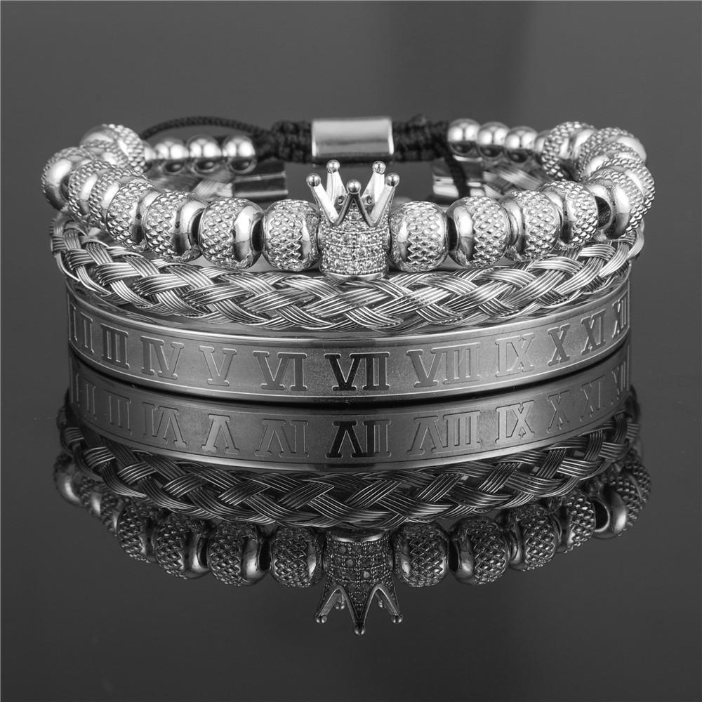 Vintage Crown Stainless Steel Bracelet Set With Letter And Number Charms For Men And Women