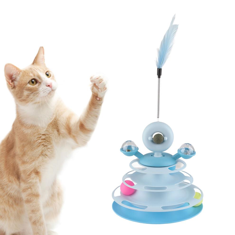 Blue 4-Layer Cat Ball Tower Toy with Feather & Catnip for Exercise