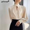 Women's Korean Fashion Hollow Ruffled Elegant Blouse Office Lady Stand Collar Business Casual Shirt Long Sleeve Solid Loose Tops