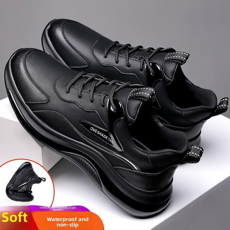 Men's Summer Breathable Soft Leather Sport Casual Work Oes Thi Bot All Bla Comfortable Slip-On Round Toe Oes