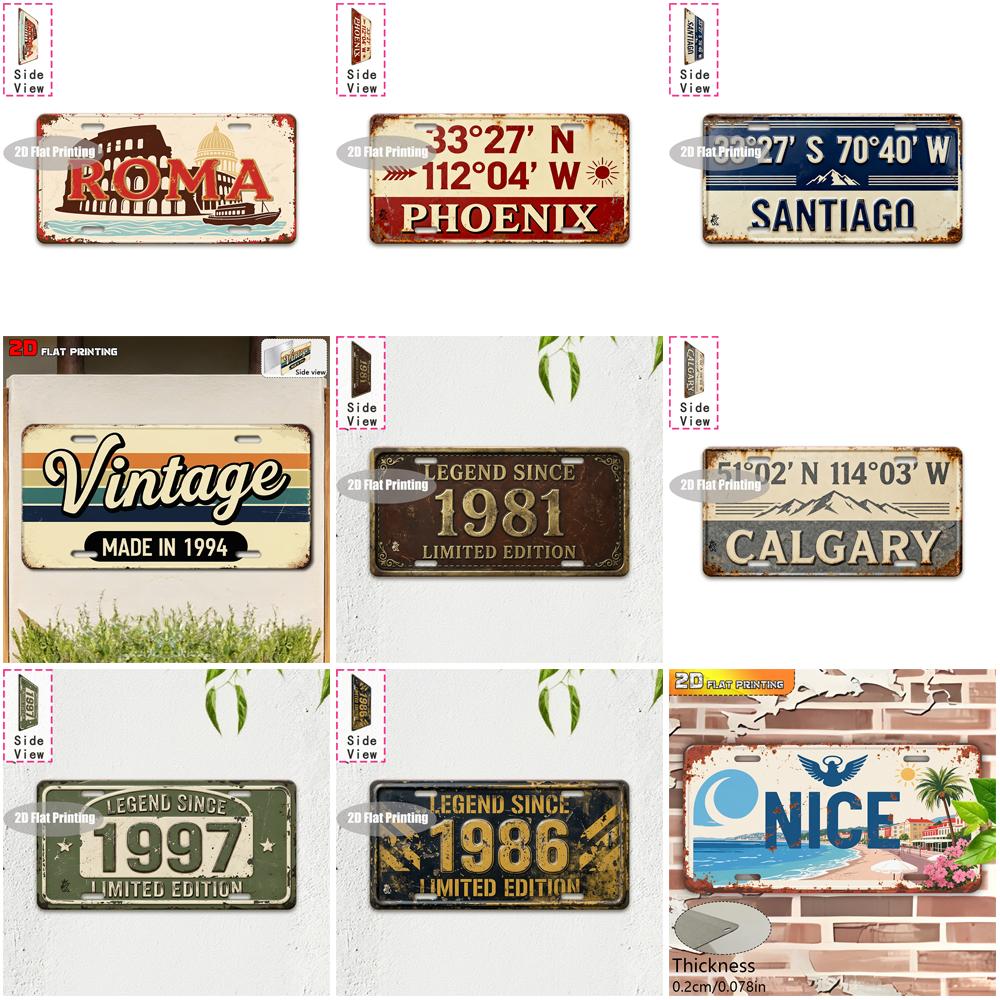 Vintage City Coordinate Year Retro Print Metal License Plate Sign 2D Flat Printed Tin Plaque Wall Decor for Home Bar