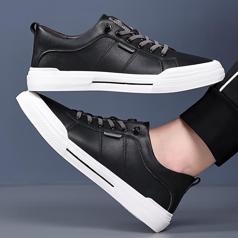 Casual Leather Shoes Men's 2025 Spring and Autumn Models Cowhide Youth Board Shoes Elastic Lace-up Sports and Leisure Shoes Men's Trendy Shoes
