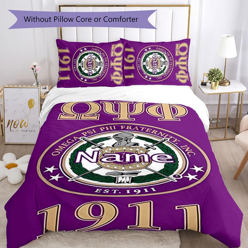 3pcs Custom Name Cartoon Omega Psi Phi Bedding Set Duvet Cover Closure Includes 1 Duvet Cover & 2 Pillowcases for All Seasons Bedroom Decor