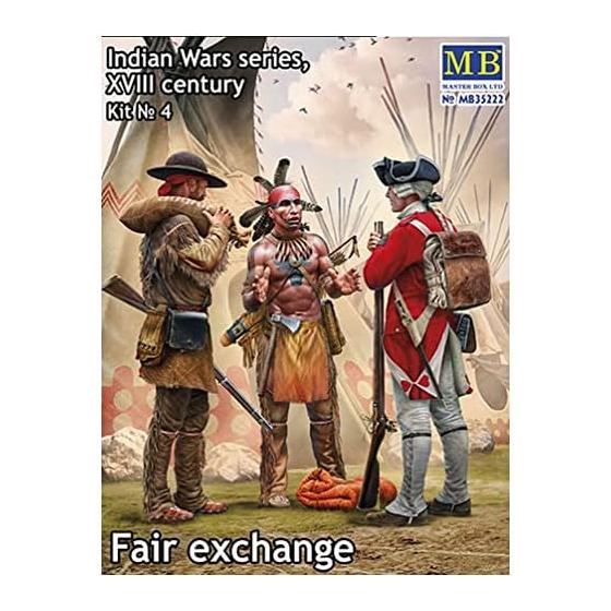 Master Box 1/35 Индейские войны: 3 Фигурки - Меховая торговля - Британский солдат, Коренной американец, Охотник, 18 век - Модель для сборки №4 MB35222