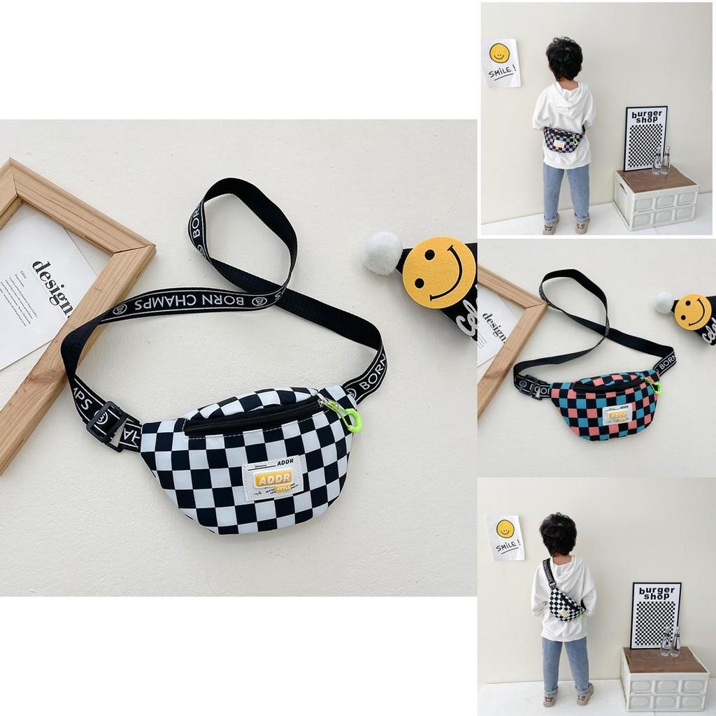 Boys Nylon Chest Bag Trendy Kids Waist Pack Checkered Pattern Small Crossbody