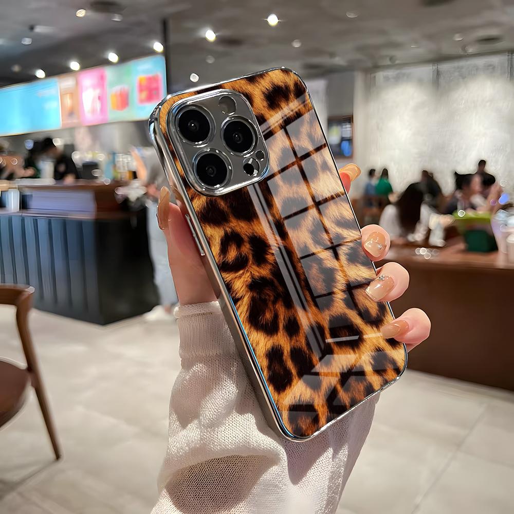 Роскошный чехол для телефона с леопардовым принтом для IPhone 17 Pro Max 15 Pro 16 14 Plus 12 13 Mini 11 Pro Ударопрочный гальванизированный стеклянный чехол