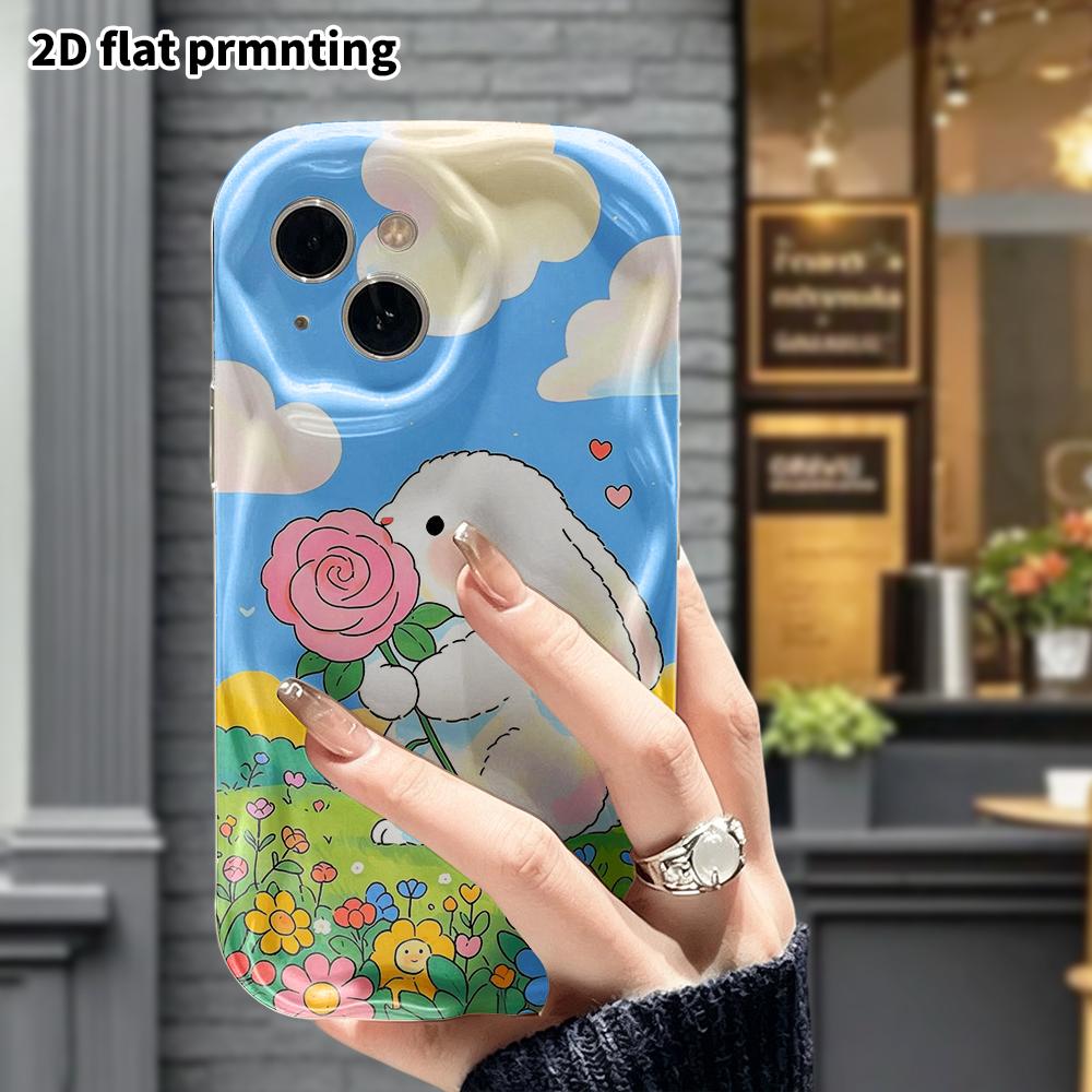 Phone Case: 2D flat design suitable for iPhone 18, 17, 16, 15, 14, 13 Pro protective case, holding a rose with a white rabbit, perfect Christmas and H