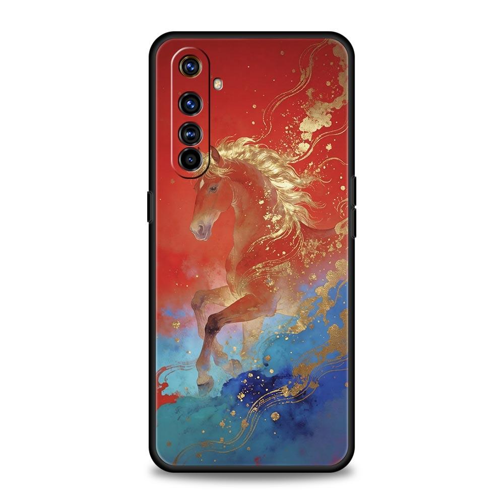 Мягкий ТПУ чехол для Realme C67 C63 C55 C53 C25 C21 10 11 12 13 GT 2 3 5 Pro Plus 5G Ударопрочный чехол для телефона Мультяшный Новый год Лошадь