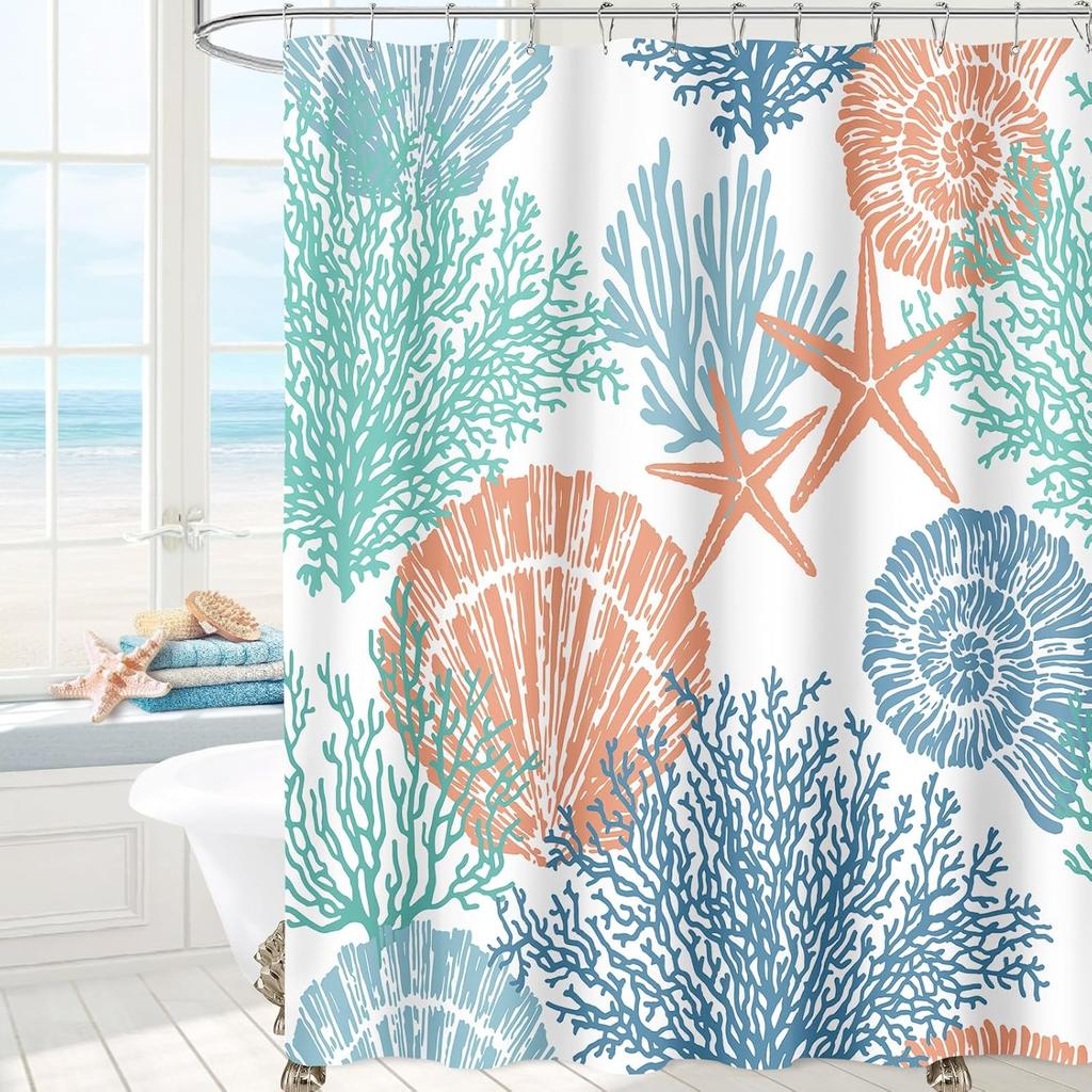 GAEBeach Ocean Themed Shower Curtain, Teal Blue Nautical Coastal Decor, Tropical Fabric Set with Hooks
