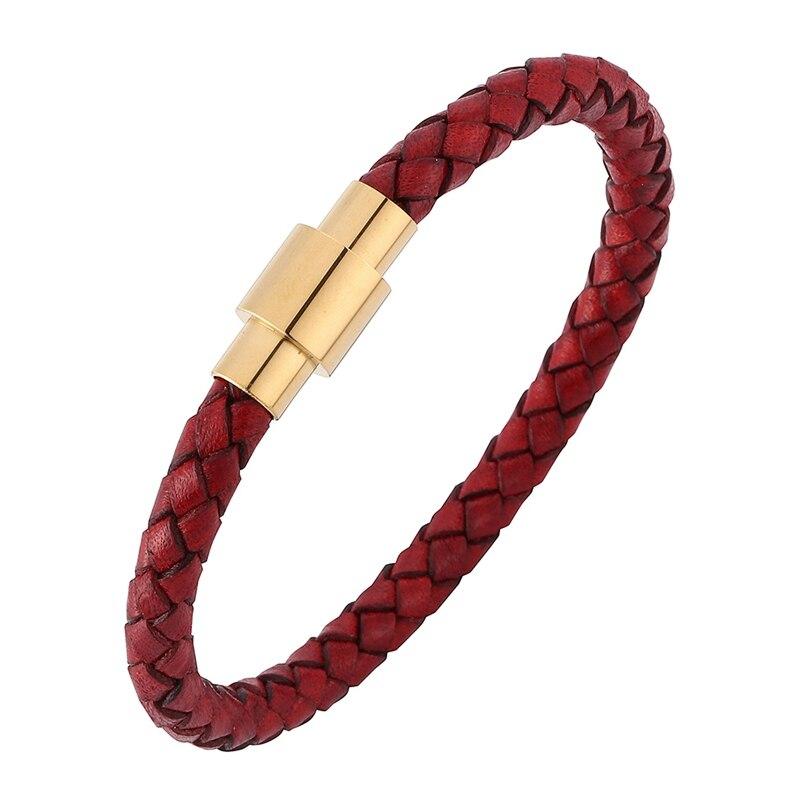 Fashion Men Women Red Leather Bracelet Charm Stainless Steel Button Neutral Accessories Female Bracelets Bangles
