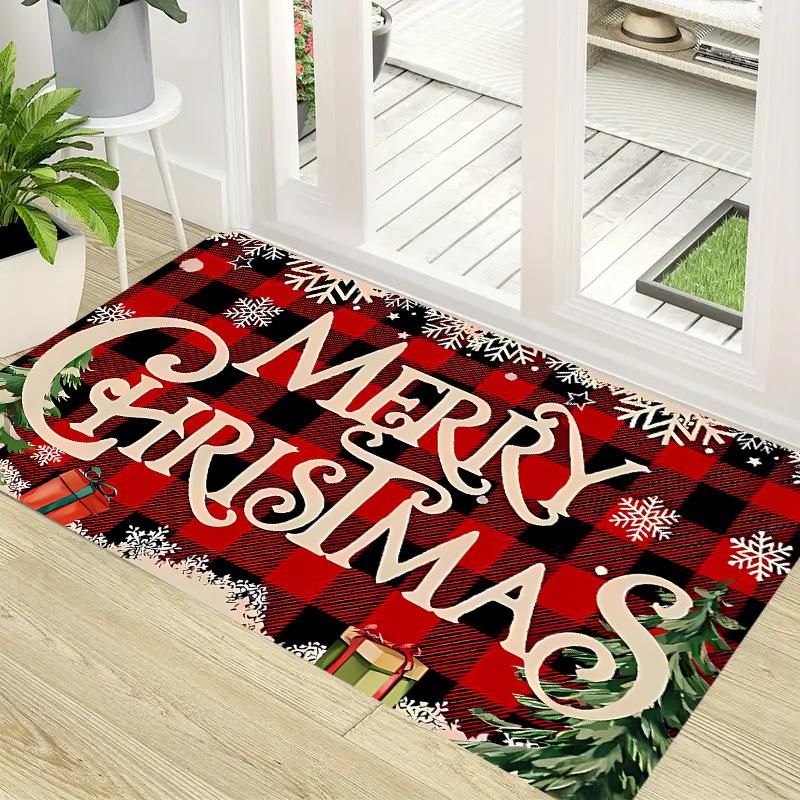 1pc Christmas Slogan Decorative Floor Mat Area Rug Doormat Non-Slip Easy-Clean Rug for Entryway Patio Holiday Home Decor Gift
