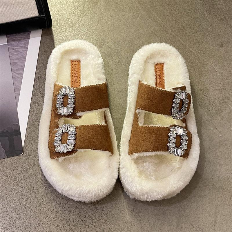 Модные пушистые тапочки для женщин, роскошные плюшевые шлепанцы с ромбовидным дизайном, женские модные домашние пушистые тапочки с открытым носком, сохраняющие тепло хлопковые туфли