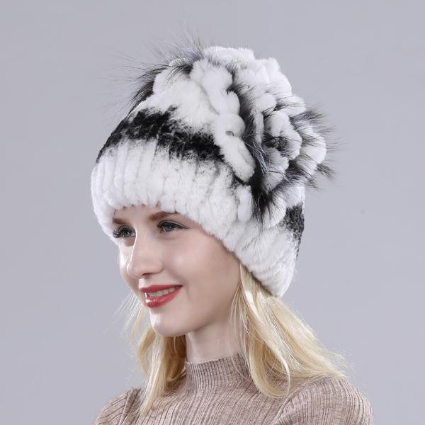 Winter Women Good Elasticity Real Rex Rabbit Fur Hats with Silver Fox Fur Lady Outdoor Warm Knitted Genuine Rex Rabbit Fur Cap