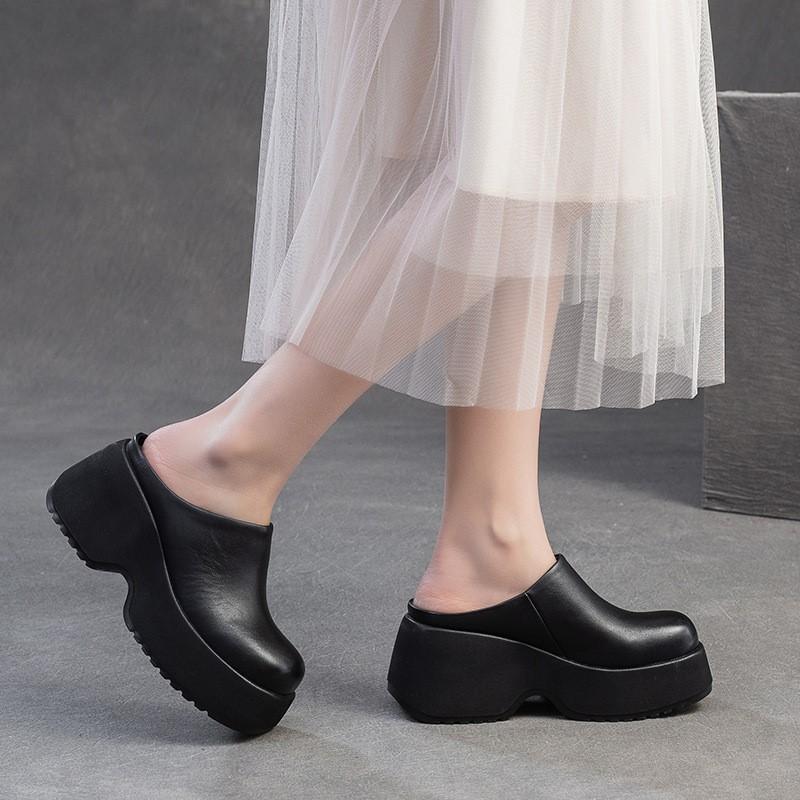 Johnature Тапочки на толстой танкетке с толстой подошвой из натуральной кожи в стиле ретро, однотонные женские туфли на платформе