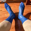 Men's Royal Blue Diamond Jacquard Nylon Dress Socks, Non-Curling, Breathable.