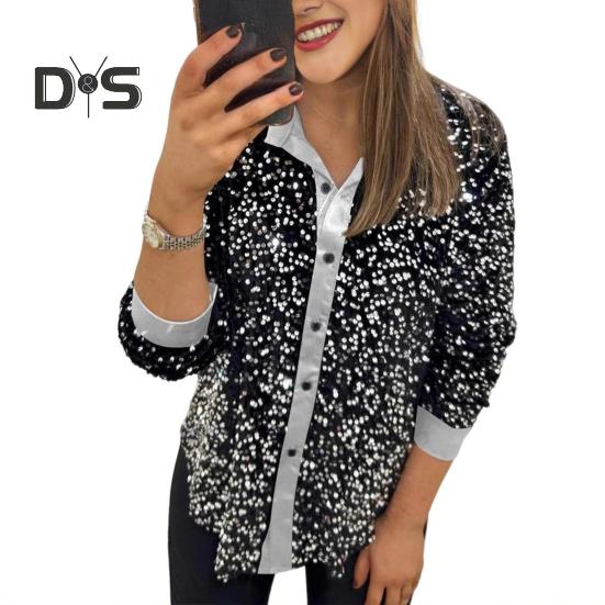 Women Sparkling Shirt Lapel Long Sleeve Single Breasted Shirt Tops Shiny Sequins Embellished Party Stage Blouse