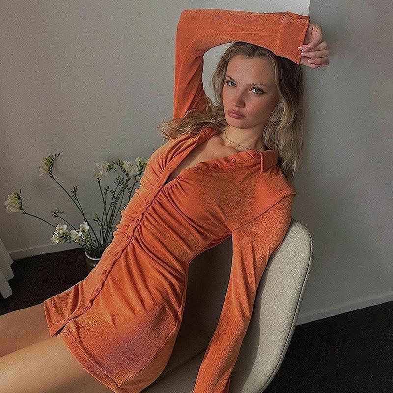 Sexy Mini Slim Dress Women Green Club Party Dress Turn-Down Collar Button Short Dresses Female Elegant Streetwear Shirt