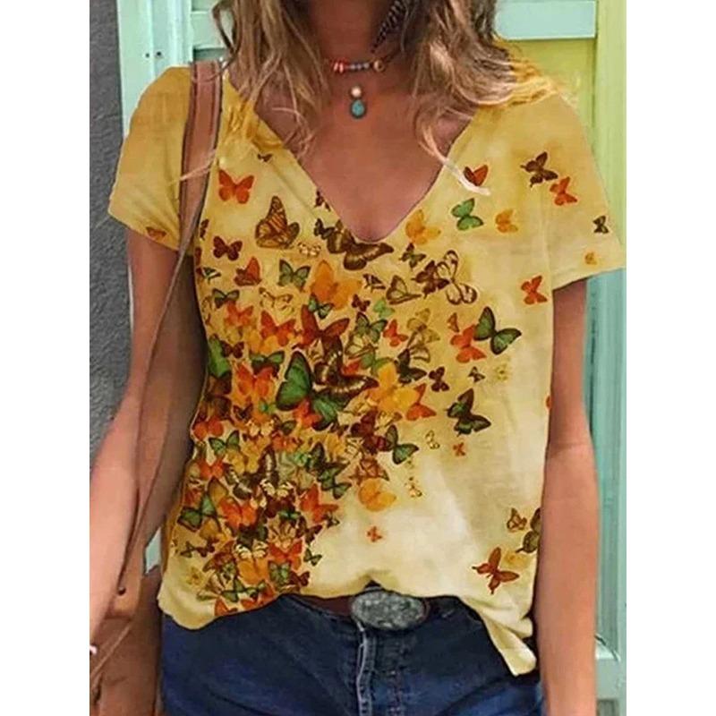 Летний топ с V-образным вырезом и 3D-цветочным принтом, модные повседневные женские футболки с короткими рукавами