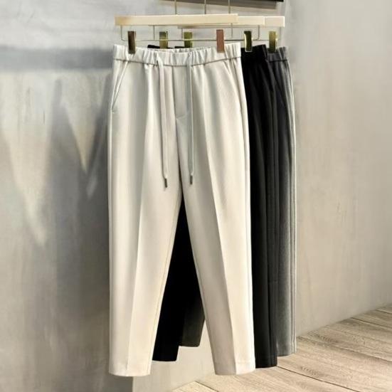 Men Suit Pants Drawstring Elastic Waist Straight Leg Solid Color Loose Formal Business Style Office Wear