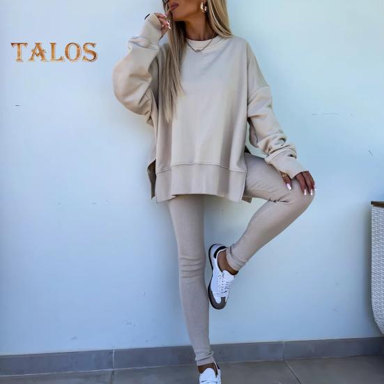 2 шт./комплект женский топ брюки костюм круглый вырез длинный рукав асимметричный подол толстовка эластичный пояс однотонные брюки зимний повседневный спортивный костюм