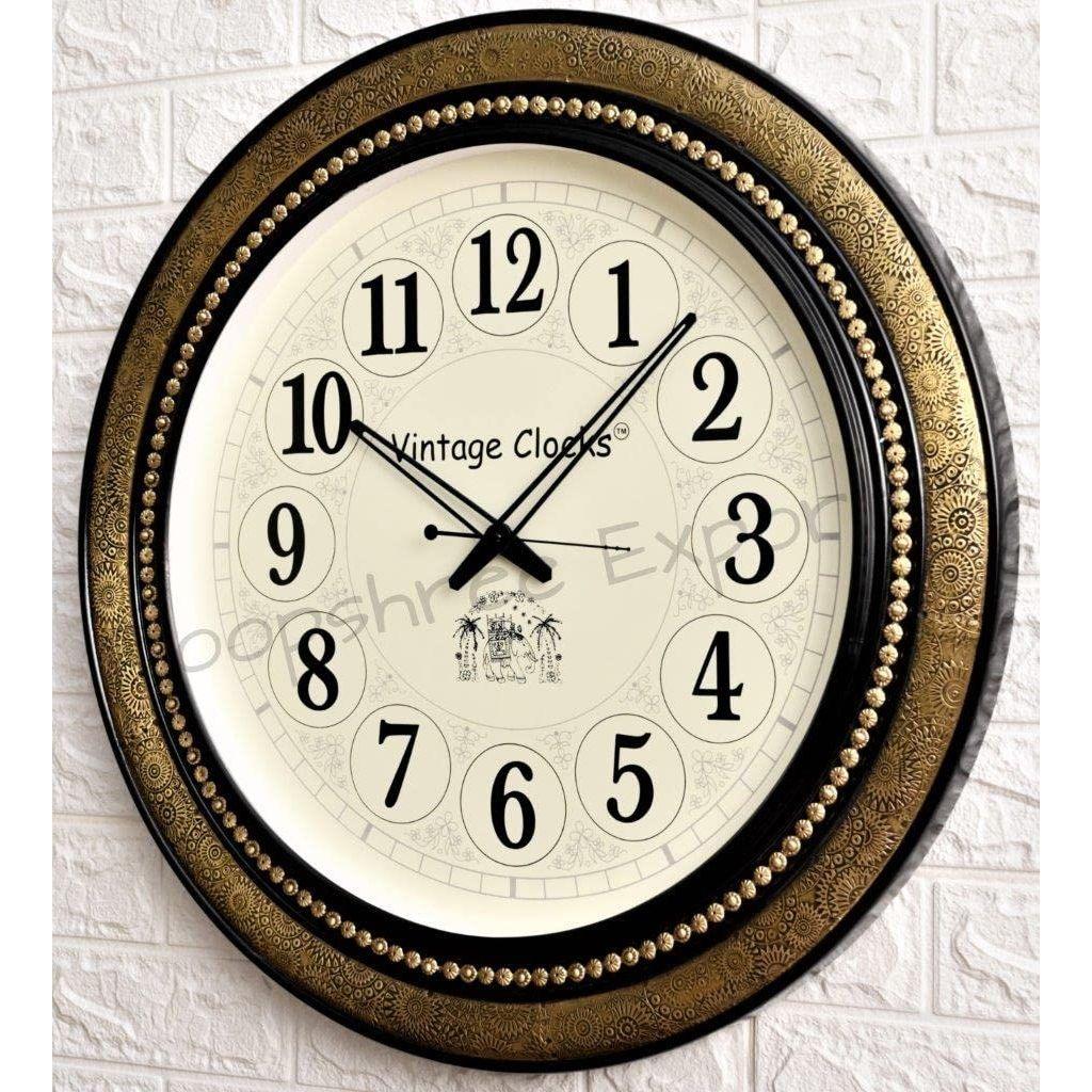 Очень большие деревянные аналоговые часы ручной работы с латунной инкрустацией / Английские цифры