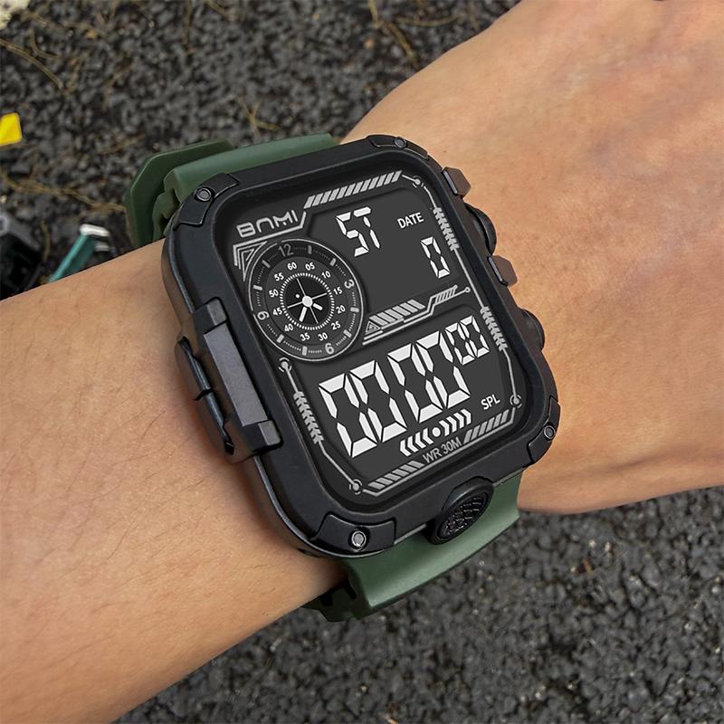 BNMI Outdoor Men's Digital Watch Luminous Date Stopwatch Waterproof Alarm Square Silicone Sports Electronic Man Watches Student