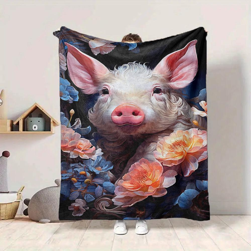 1pc Pig Floral Print Blanket Lightweight Flannel Blanket Throw Blanket For Sofa, Bed, Travel, Camping, Livingroom, Office, Couch, Chair, And Bed yy251