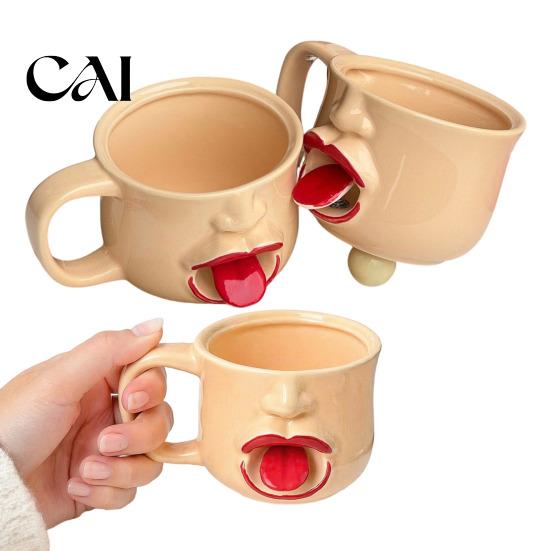 Unique Tongue Sticking Out Cup Quirky Ceramic Coffee Mug, 10oz 3D Sculpted Face Decorative Tea for Students Milk, Funny Creative Drinkware Home