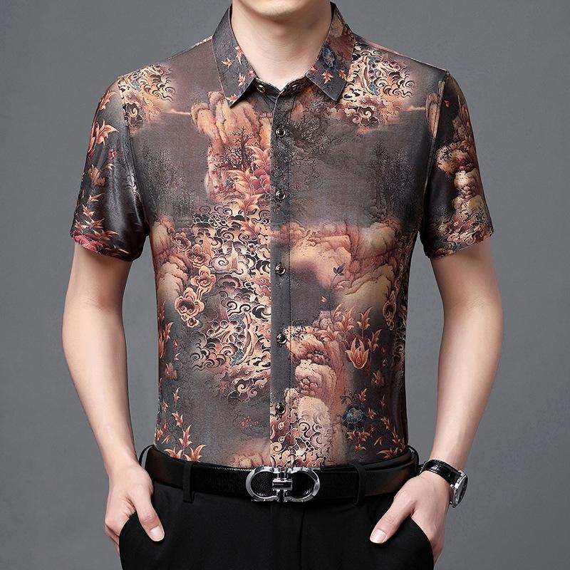 New Men's Digital Pattern Stretch Short-Sleeved Shirt Men's Gentleman Business Plus Size Short-Sleeved Shirt