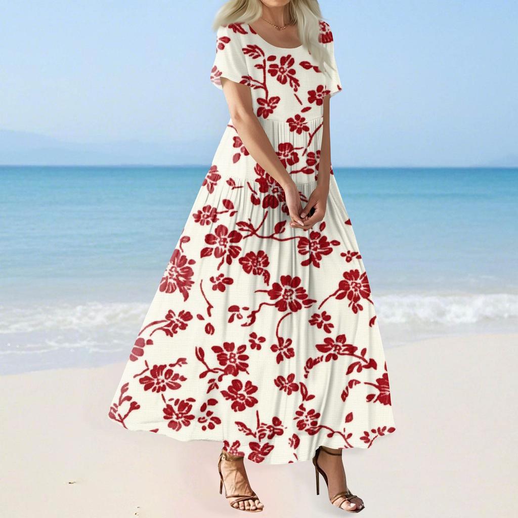 Women's Summer Casual Floral Print Short Sleeve O Neck High Waist A Line Tiered Flowy Boho Maxi Dress