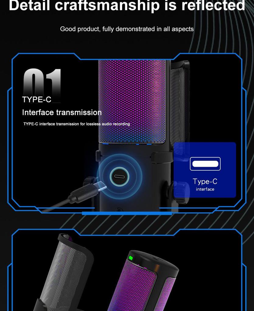 Емкостный USB-микрофон с шумоподавлением и RGB-подсветкой для компьютера, записи на телефон, игр, стриминга и видео