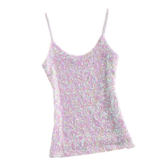 Женский летний жилет, топ с блестящими пайетками, без рукавов, регулируемый ремень-спагетти, облегающий мягкий пуловер, эластичный сверкающий топ на бретелях для выступлений на сцене