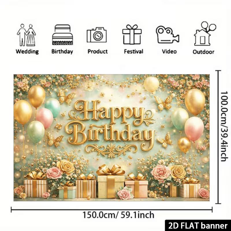 2D Gold Butterfly Floral Happy Birthday Backdrop Banner Photo Booth Background