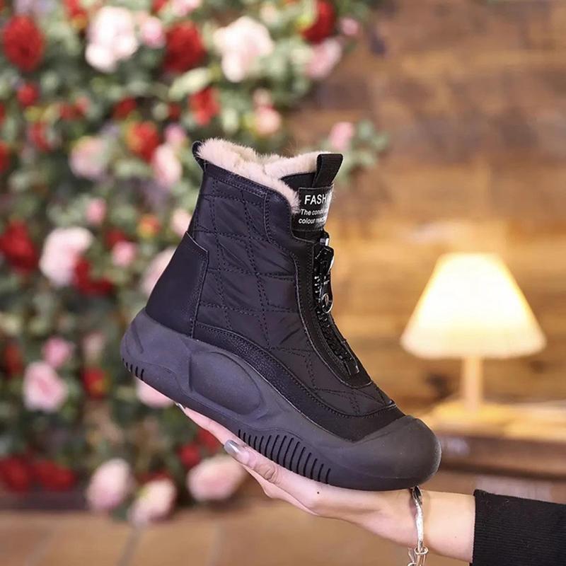 Women's Winter Fur Lined Snow Boots Outdoor Non Slip Faux Leather Ankle Boots With Zipper Thick Sole Warm Plush Lined Bootie High-Top Shoes for Female