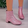 Fashion Shiny Sequins Pink Cowboy Boots for Women  Autumn Winter Leather Ankle Boots Woman Sexy Thick Heels Chelsea Botines Mujer 2024