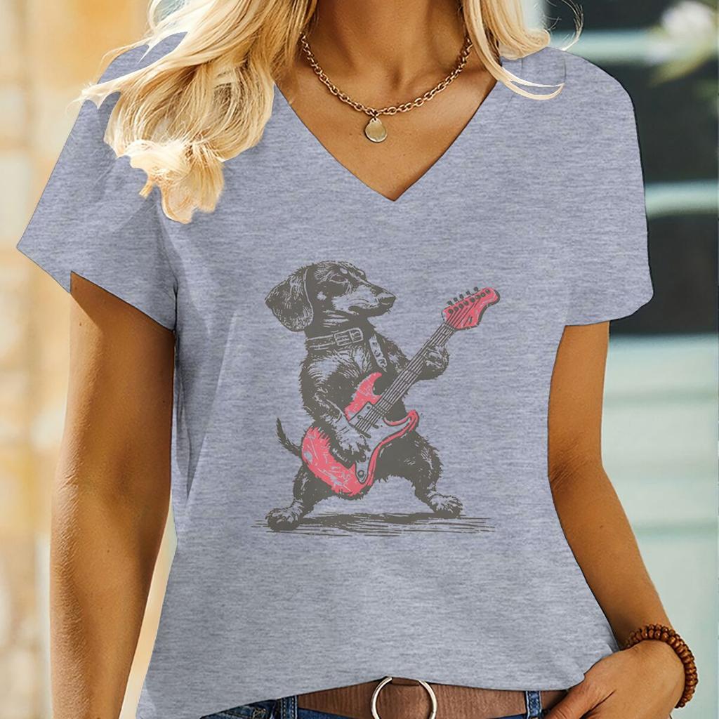 Vintage Dachshund Playing Guitar Tshirt Unisex Funny Wiener Dog Rocker Tee Top Dog Lover Gift Fashion Short Sleeve Vneck Tee