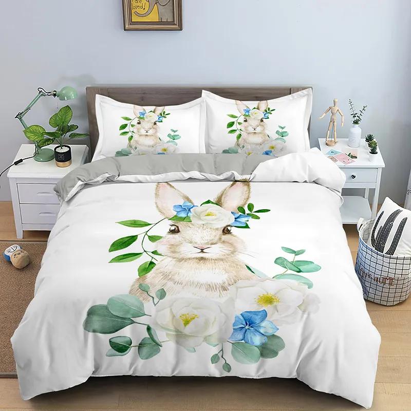 Cartoon Cute Dog/Rabbit Bedding Set Nordic King Single Twin 90/135/150 Bed Cover 240×220 Duvet Cover For Girl Boy Kid Teens Gift