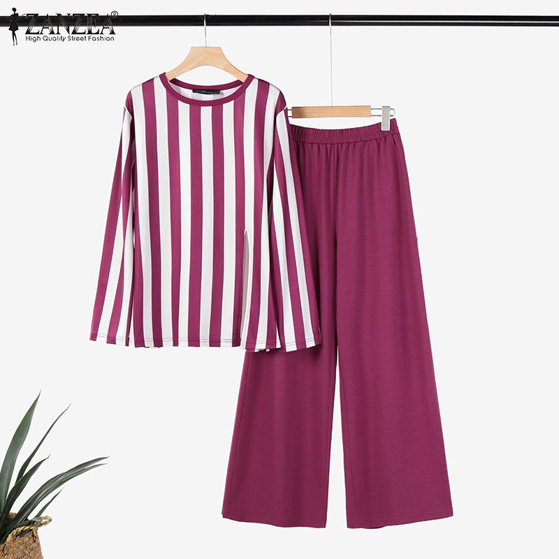 ZANZEA Женский осенний комплект из полосатой футболки с круглым вырезом и длинными рукавами и брюками