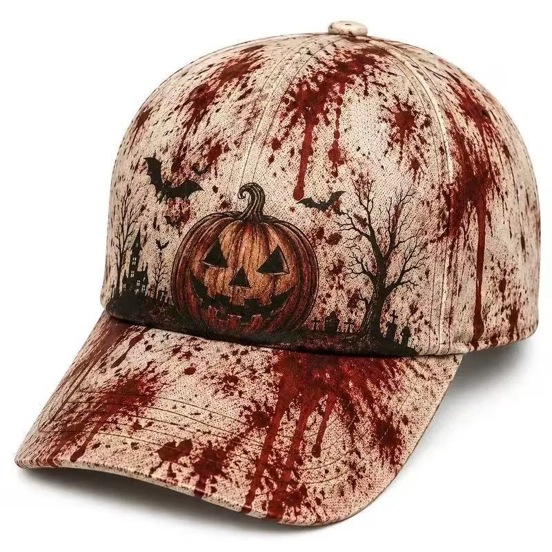 New Dark Pumpkin Big Brim Ghost 3D Printed Hat Vintage Gothic Halloween Baseball Cap