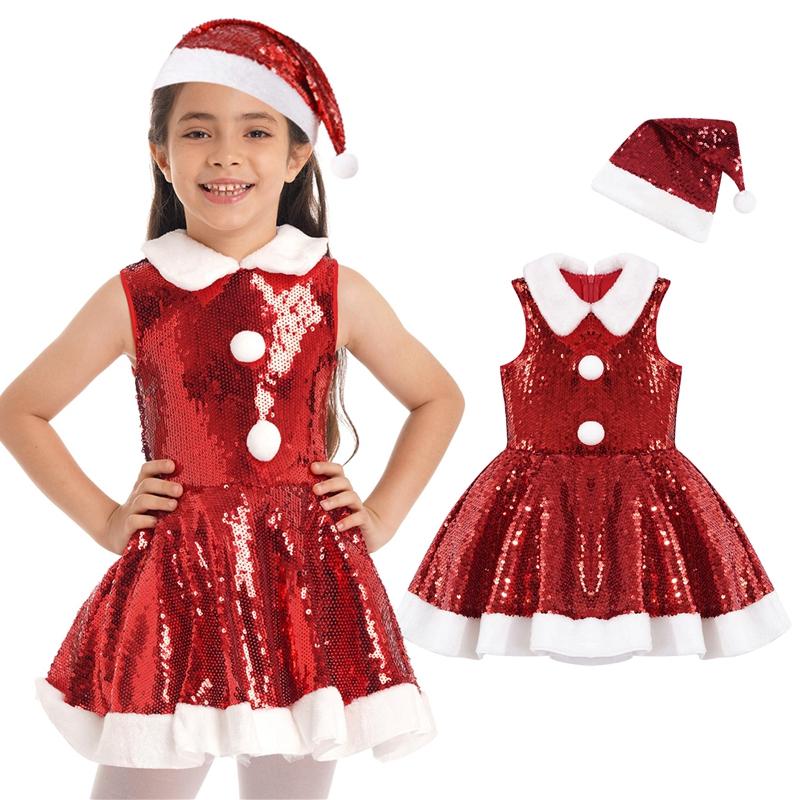 Платье для рождественских танцев для девочек, рождественские костюмы, платье без рукавов с блестками, нарядное платье