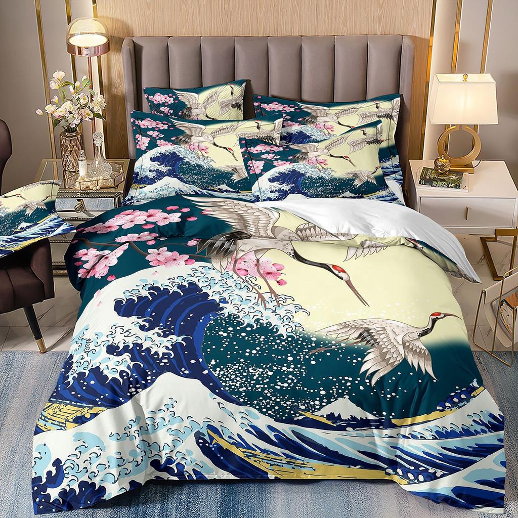 3D Three-Piece Ukiyo-E Painting Wave Flower Quilt Cover Digital Printing Bedding