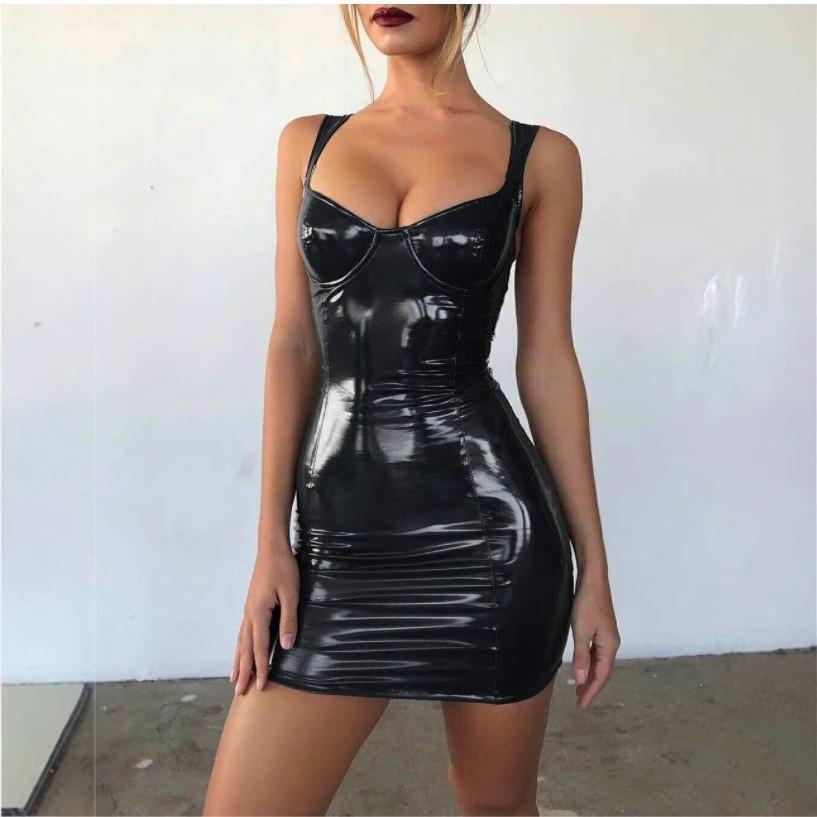 Мини-платье bodycon из ПУ-кожи, без рукавов, на тонких бретельках, облегающее, клубное платье для женщин, для вечерних выходов, вечеринок