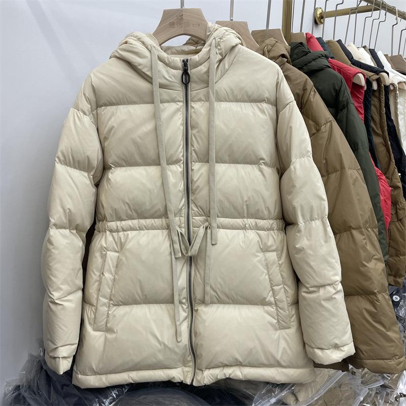Женская зимняя осенняя куртка-пуховик с капюшоном из белого утиного пуха, свободное однотонное пальто с большим карманом и регулируемой талией