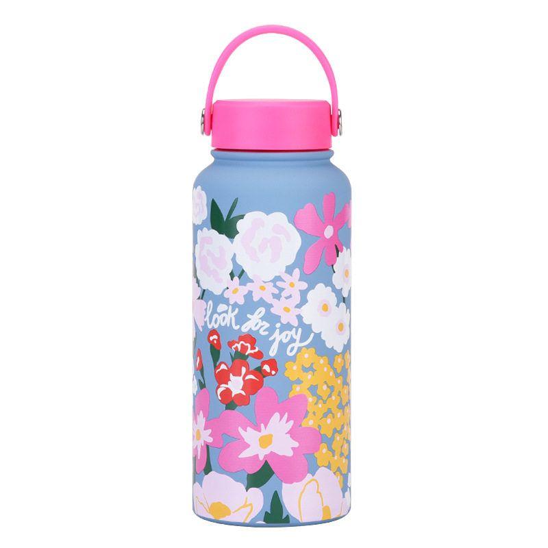 2025 New Model 1L Large Capacity Thermos Cup with Wide Mouth, Portable Handle, Sports Water Bottle, Outdoor Printed Water Cup for Women