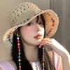 Women Straw Hat Wide Brim Breathable Straw Weaving Hat with Colorful Beads Decor Flexible Edges Sun Hat