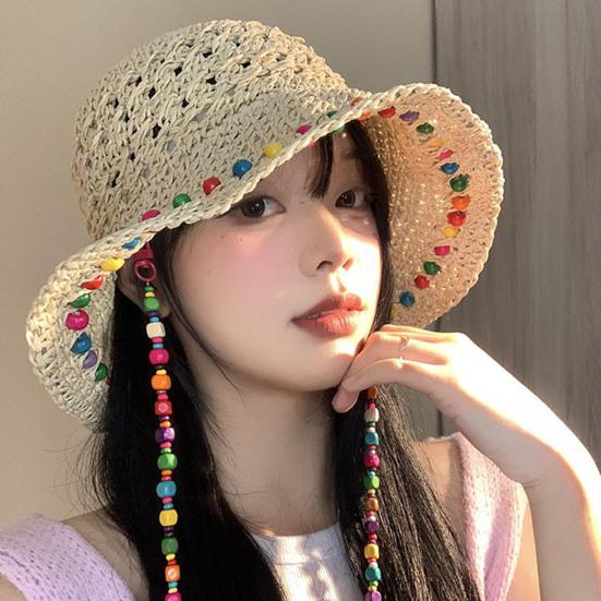 Women Straw Hat Wide Brim Breathable Straw Weaving Hat with Colorful Beads Decor Flexible Edges Sun Hat