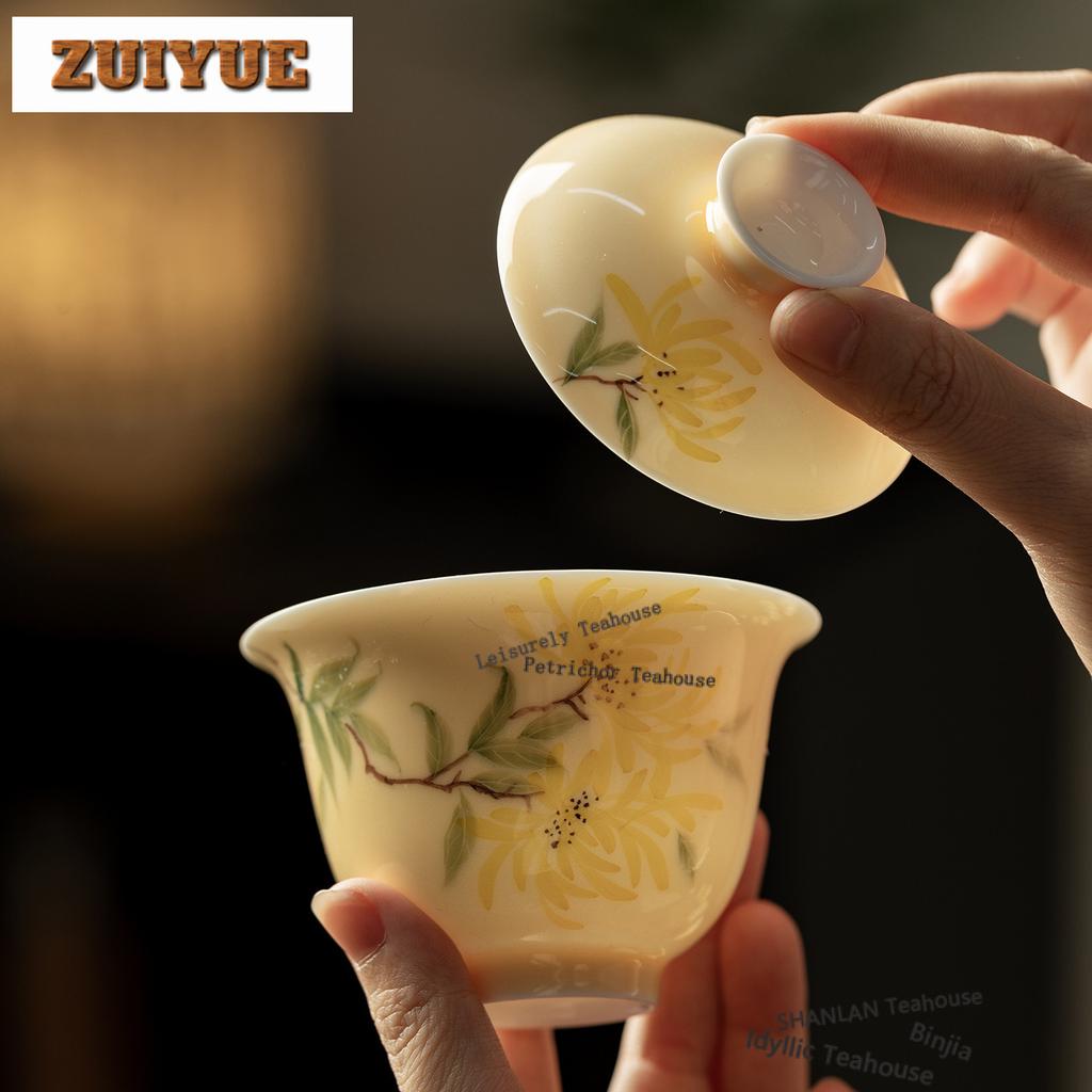 150 мл Расписанный вручную Гайвань с хризантемами Древняя чайница Чайная чашка с крышкой Набор Чайник Крышка Чаша для чая Коллекция чайной посуды