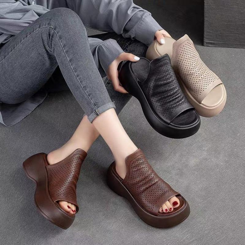 New Fashion Hollowed-out Fish-mouth Women's Shoes, Breathable Sponge Thick-soled Sandals, Large Size