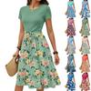 Women's Casual Fashion Belted Floral Print Short Sleeve Round Neck Elegant Dress